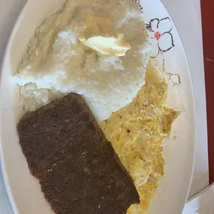 Turkey scrabble,cheese eggs,&amp; cheese butter grits.