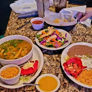 Green chili soup, house salad and green chili Enchiladas dinner