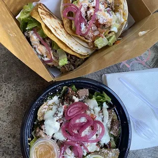 Tacos locos (carnitas) &amp; taxicano bowl with carne asada.