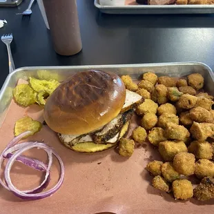 Turkey sandwich, fried okra, pickles and onions