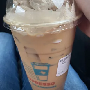 Large, iced pumpkin spice latte, available only on the autumn seasonal menu.