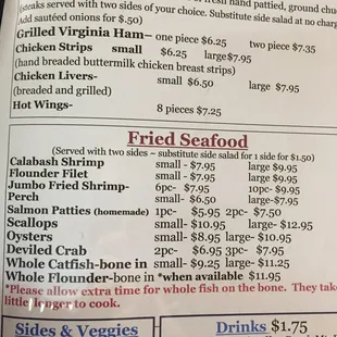 a menu for the fish camp