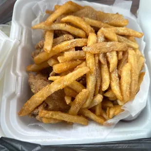 Picture of 6 dry Wingz and fries that are supposed to come pre-sauced with mild sauce