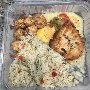 Sizzling chicken and shrimp with a little bit of protein and a whole lot of rice