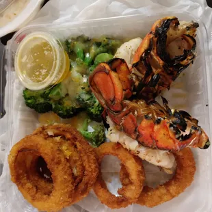 Twin lobster tail w/broccoli and cheese and onion rings