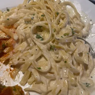 Chicken parmesan and alfredo noodles.