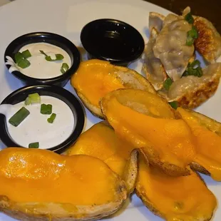 Loaded Potato Skins &amp;  Pan-Seared Pot Stickers