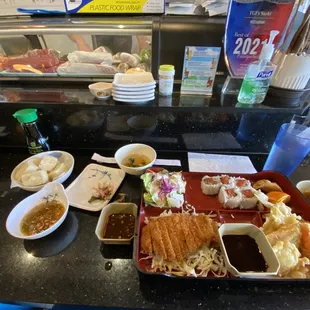 Ton Katsu, Agedashi Tofu, Spicy Tuna Roll, Vegetable Tempura (sweet potato)