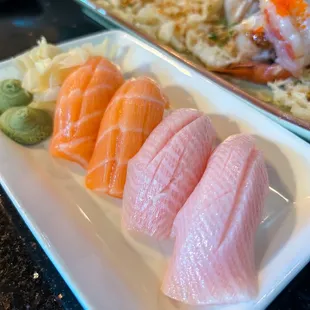 Sake (Salmon) Nigiri, Hamachi (Yellowtail) Nigiri
