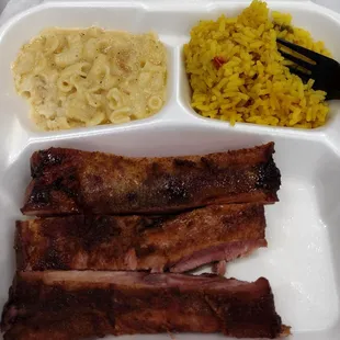 Ribs, Macaroni and Cheese and Rice.