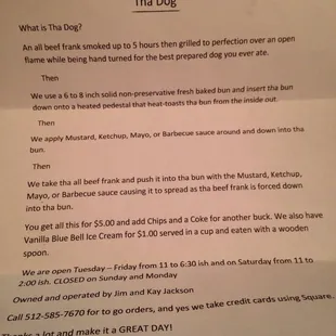 Brochure type menu from the cart