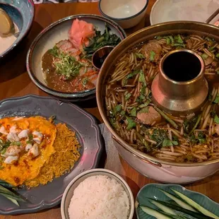 Beef hot pot, crab fried rice lava, duck breast curry