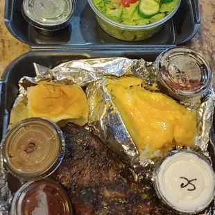 Smoked Steak, Patato with cheese bacon and chives with a Salad and Bread