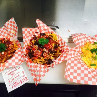 Loaded fries, loaded nachos and side of baked mac n cheese