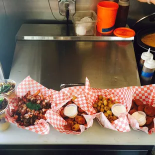 Couple of parfaits, loaded sweet potato fries, beer battered fried jalapeños ,fried okra and our fried pickle chips with house ranch