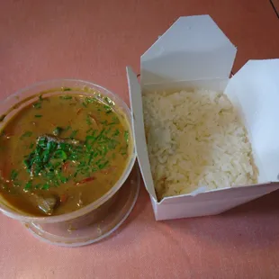 Beef Basil Box with sticky rice on the side.