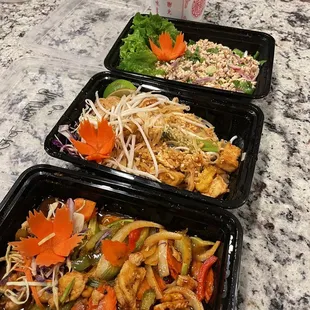 Cashew chicken, tofu Pad Thai, and Chicken Larb