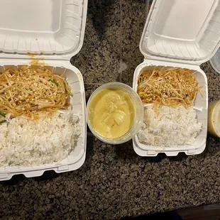 On the left Yellow Curry with rice and pad Thai  On the right Green Curry. Both $10 each at lunch time