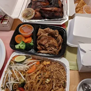 Chicken and veggie pad Thai, pork BBQ, BBQ chicken leg quarters