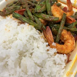 Green beans with shrimp and a ton of rice