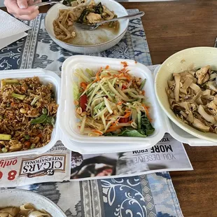 Papaya salad , basil fried rice and another lovely noodle dish