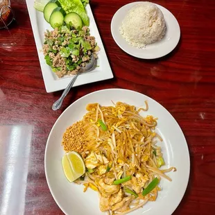 Laap Pork with rice and Chicken Pad Thai