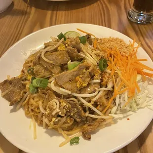 Beef Pad Thai (orange chicken in the background)