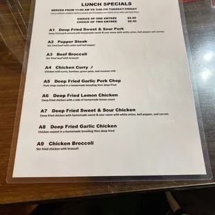 Lunch special menu
