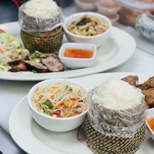 Laos Sausages 2 Pieces With Sticky Rice &amp; Thai Papaya Salad Style