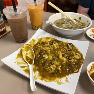 Chicken C14. Curry Chicken, P12. Special Pho, Thai Milk Tea, chocolate milk tea with coffee jelly.