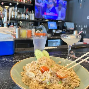 Chicken fried rice , lychee Martini