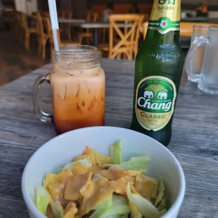 Side salad, Thai Iced Te, Chang beer