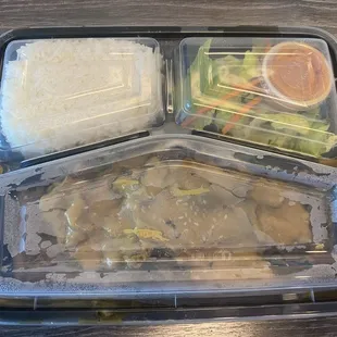 5/14/24 (tue): Generous Portion - Lunch Special Beef with Peanut Sauce over Spinach. Delish! So much tender beef too!