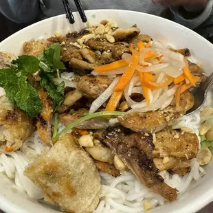 Grilled chicken vermicelli with eggrolls