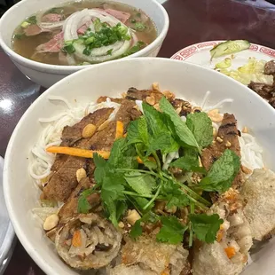 bun with lemon-grass pork and egg rolls