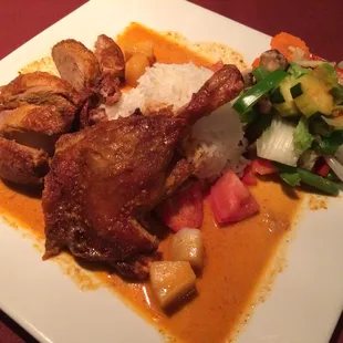 Chu-Chee Duck. Crispy semi-boneless duck served in a special chu-chee curry sauce, flavored with pineapple and basil.