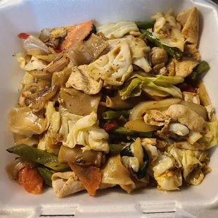 Pad Kee Mao, medium heat, with wide noodles, no broccoli, and extra cabbage. Very good.