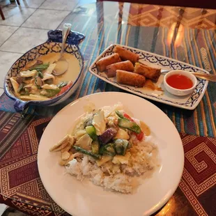 Green chicken curry and house egg rolls