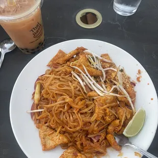 Pad Thai and milk tea boba