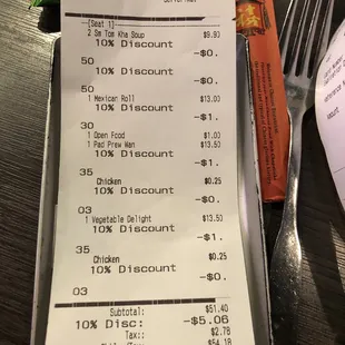 a receipt and a fork and knife