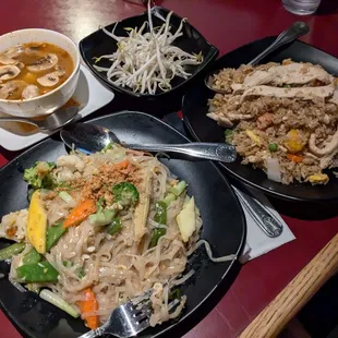 Veg pad Thai, chicken mango fried rice, tom yum soup