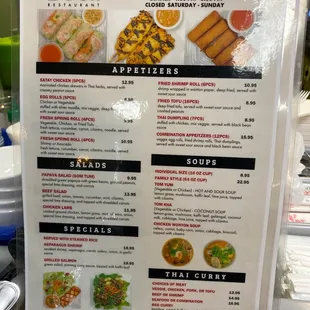 the menu and prices