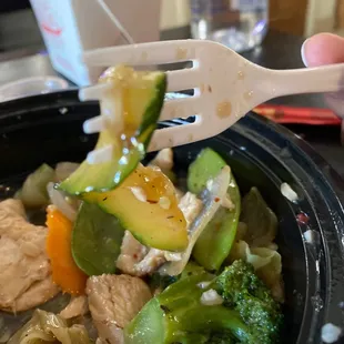 This is their idea of fresh and not OVERCOOKED veggies! That&apos;s zucchini hanging off the fork looking like cabbage by the way!