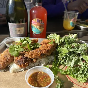 3pc Thai fried chicken strips with the kale slaw, dipping sauces, and rice with Mimosa drink kit