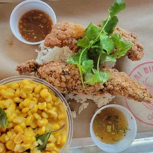Chicken tenders, rice and curried corn
