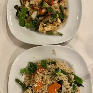 Inferno Rice (bottom) and Pad kee mau vege with tofu (top)