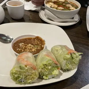 Summer rolls with a wonderful peanut sauce. And Tom Yum with shrimp behind that!