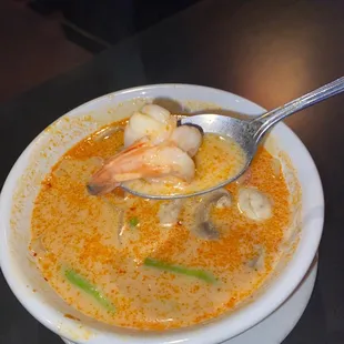 Spiced Tom Kha with medium sized shrimp &amp; tail. Delicious. Some places can&apos;t make this well. This place does !!