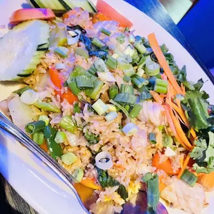 Hot basil fried rice with calamari