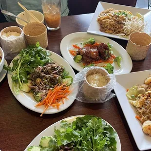 Tom Kha Soup (top left) Pad Thai (top right) Larb Salad &amp; Spicy Thai Wings (middle) Pad See-Ew w/ shrimp (bottom right)